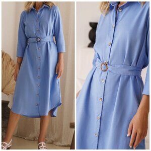 ELF Made By Hand Jess Minimalist Blue Linen Belted Shirt Dress Women’s Size XXL
